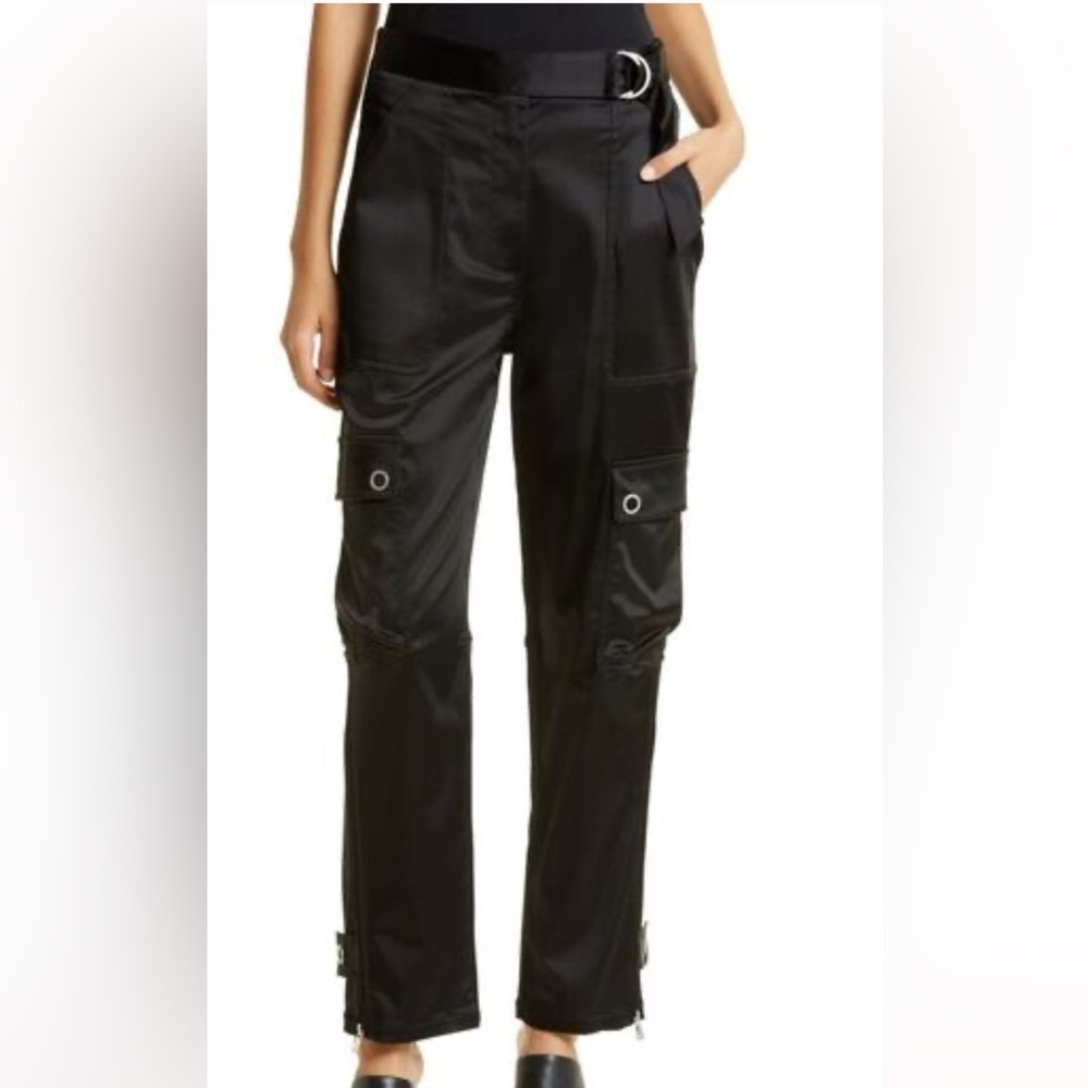 Jonathan Simkhai high waist belted shiny black carpenter pants look,utility